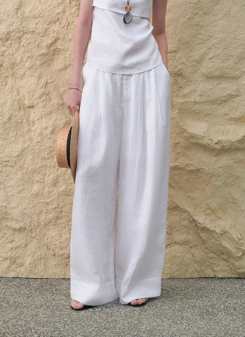 Anna-Berg | Sand Pleated Wide-Leg Linen Pant