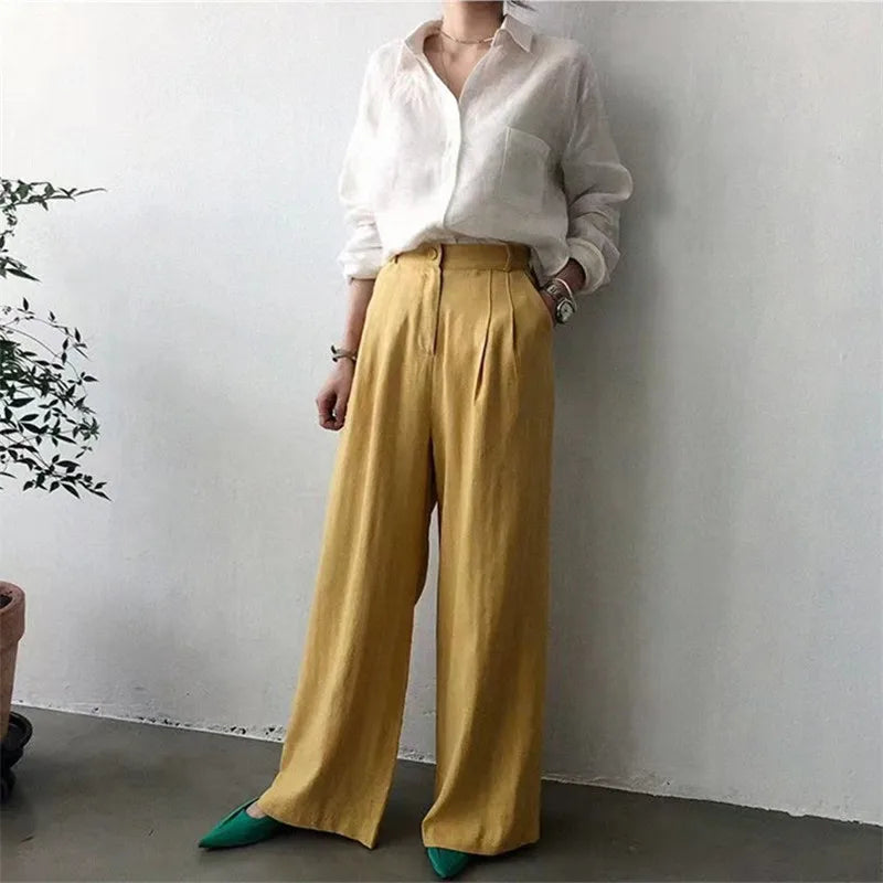 Anna-Berg | Natural Relaxed Fit Open Collar Linen Shirt