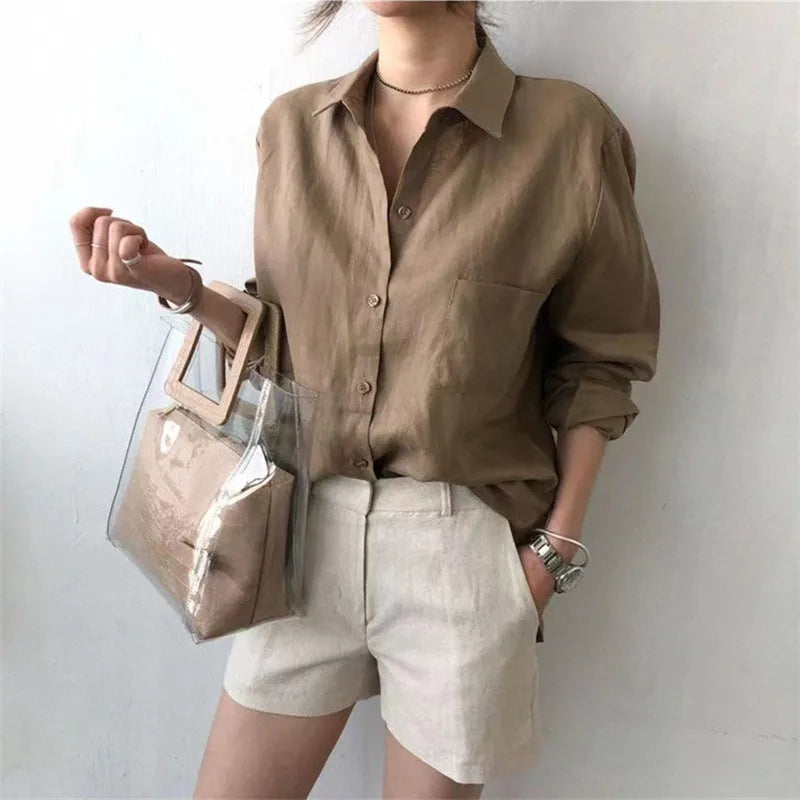 Anna-Berg | Natural Relaxed Fit Open Collar Linen Shirt