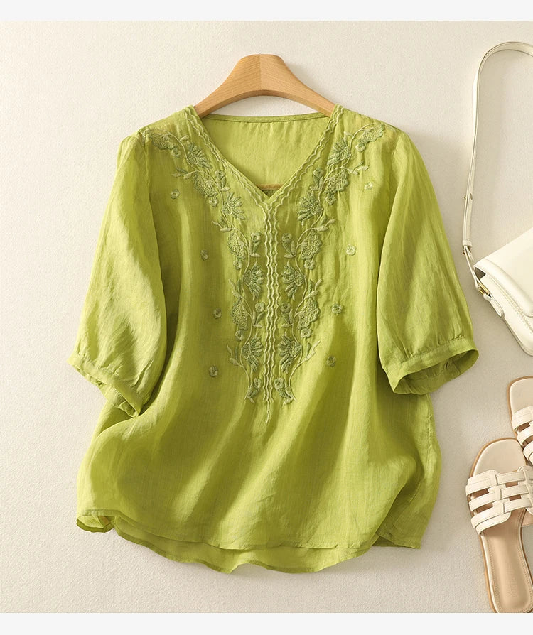 Anna-Berg | Ivory V-Neck Cotton Blouse