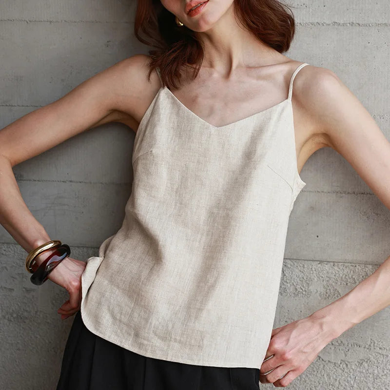 Anna-Berg | Natural Relaxed-Fit V-Neck Linen Camisole Top