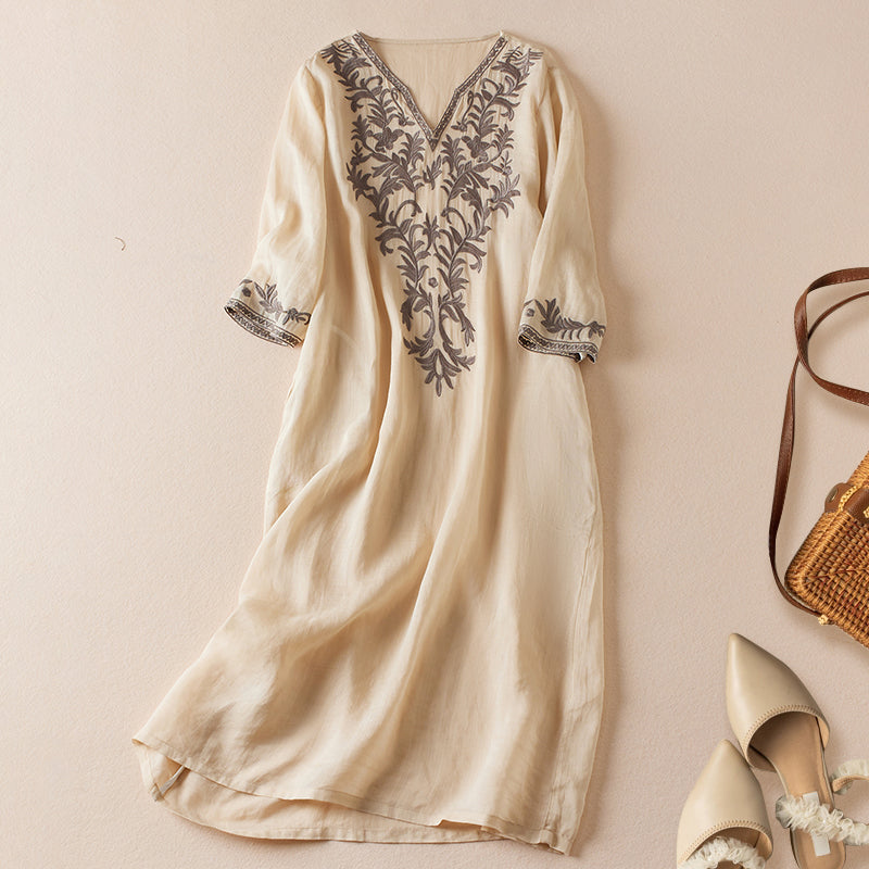 Anna-Berg | Ivory Floral-Embroidered Cotton Midi Dress
