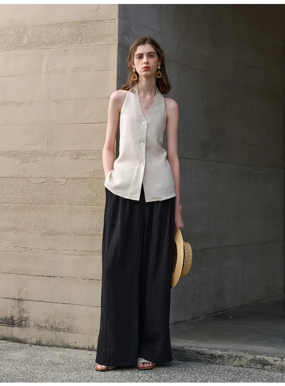 Anna-Berg | Natural Halter Linen Waistcoat Top