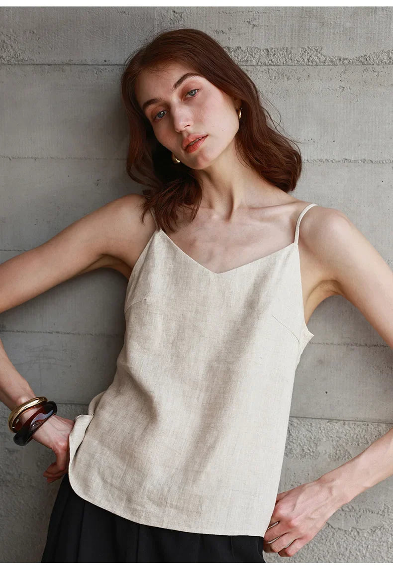 Anna-Berg | Natural Relaxed-Fit V-Neck Linen Camisole Top