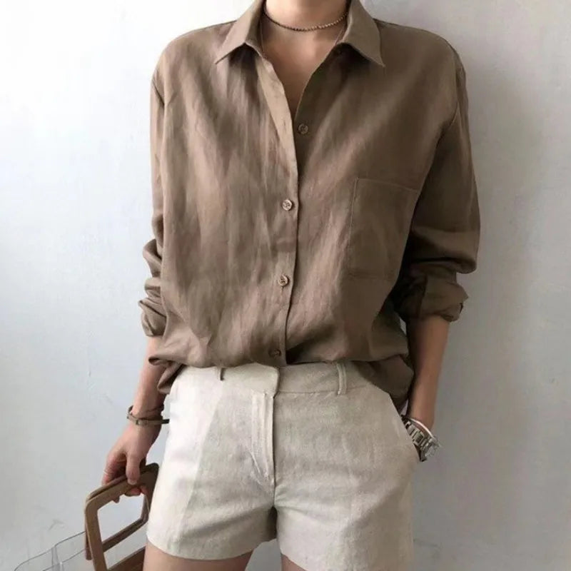 Anna-Berg | Natural Relaxed Fit Open Collar Linen Shirt