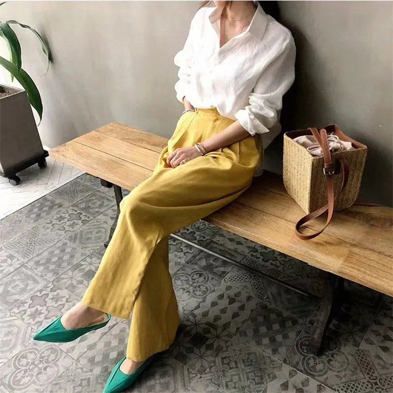 Anna-Berg | Natural Relaxed Fit Open Collar Linen Shirt