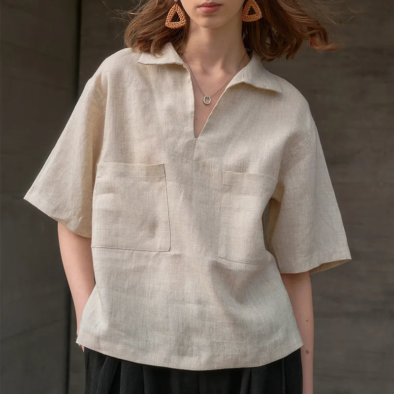 Anna-Berg | Relaxed Fit Button-Placket Linen Polo Top
