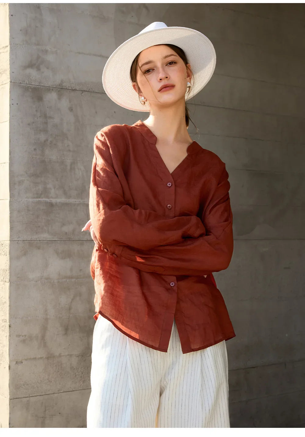 Anna-Berg | Collarless V-Neck Linen Shirt