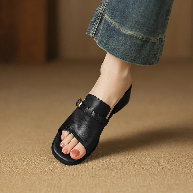 Anna-Berg | Black Adjustable Buckle Leather Slide