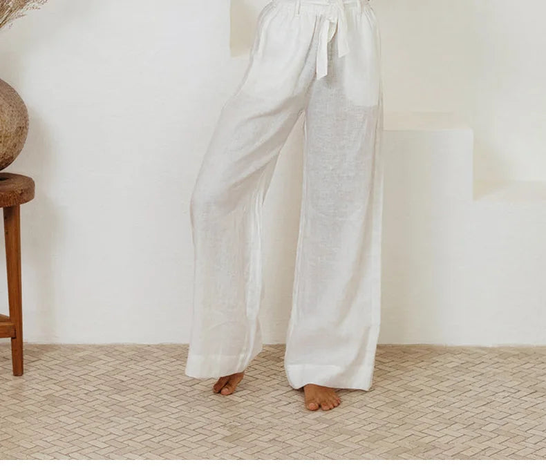 Anna-Berg | Ruffle-Waist Wide-Leg Linen Pant