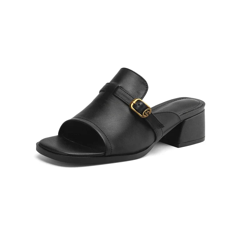 Anna-Berg | Black Adjustable Buckle Leather Slide