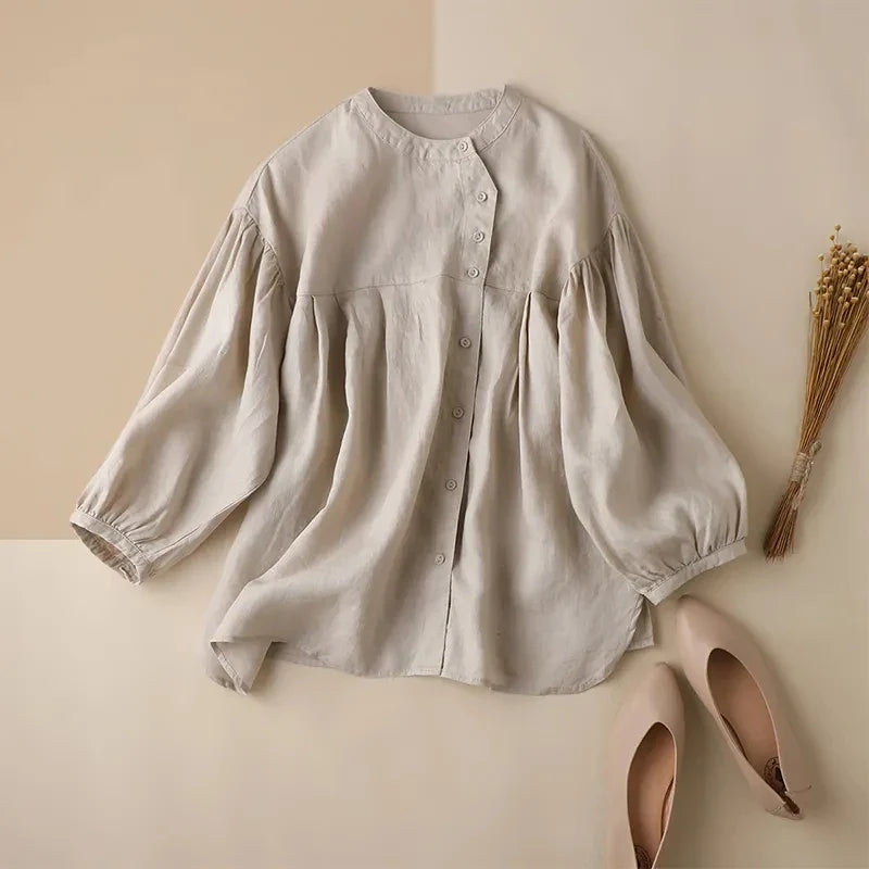 Anna-Berg | Ivory Gathered Lantern-Sleeve Cotton Blouse