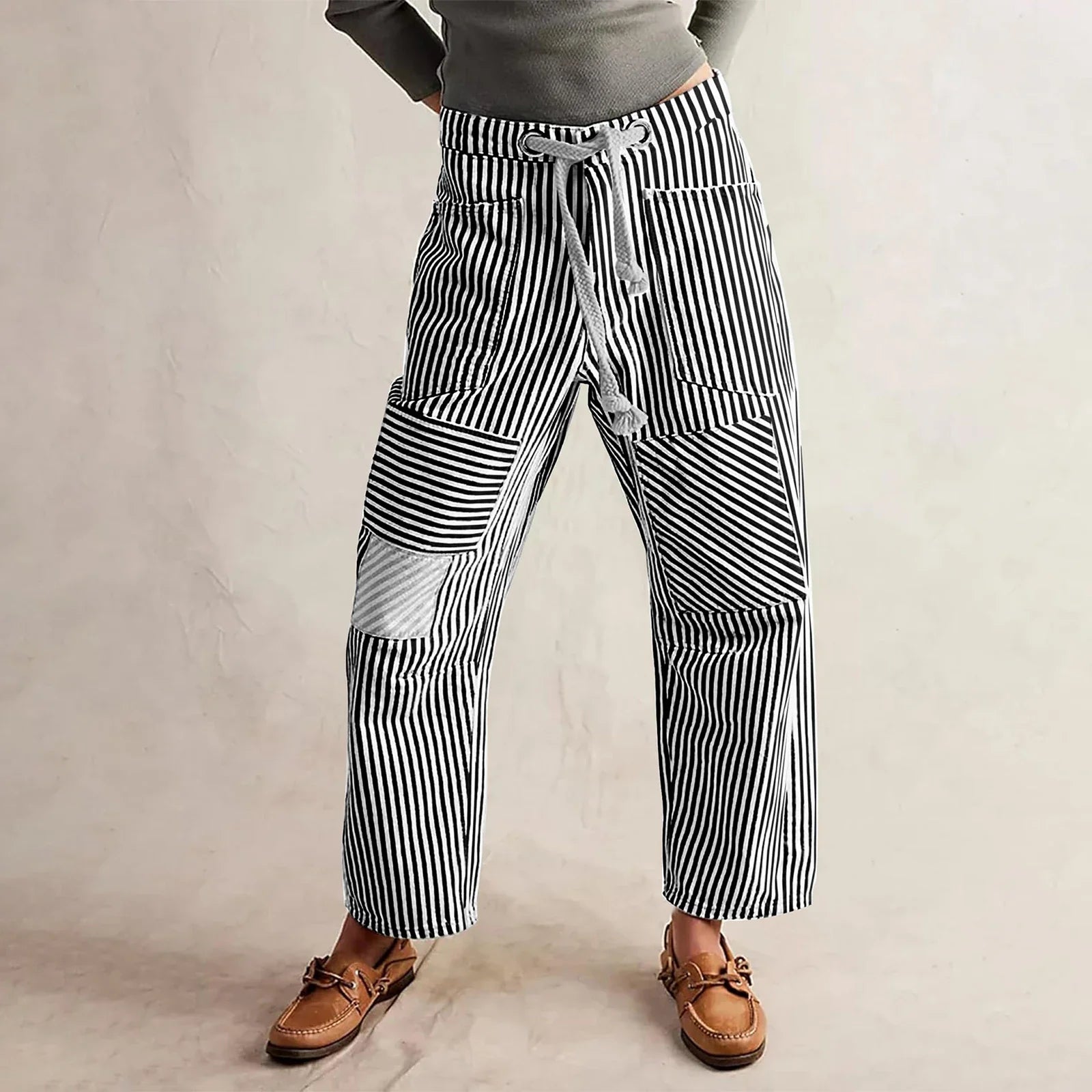 Anna-Berg | Navy Striped Wide-Leg Cotton Pant