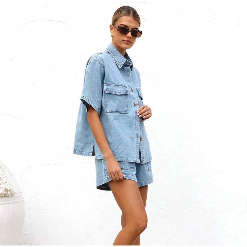 Anna-Berg | Blue Cropped Jacket High-Waist Jeans Denim 2-Piece Set