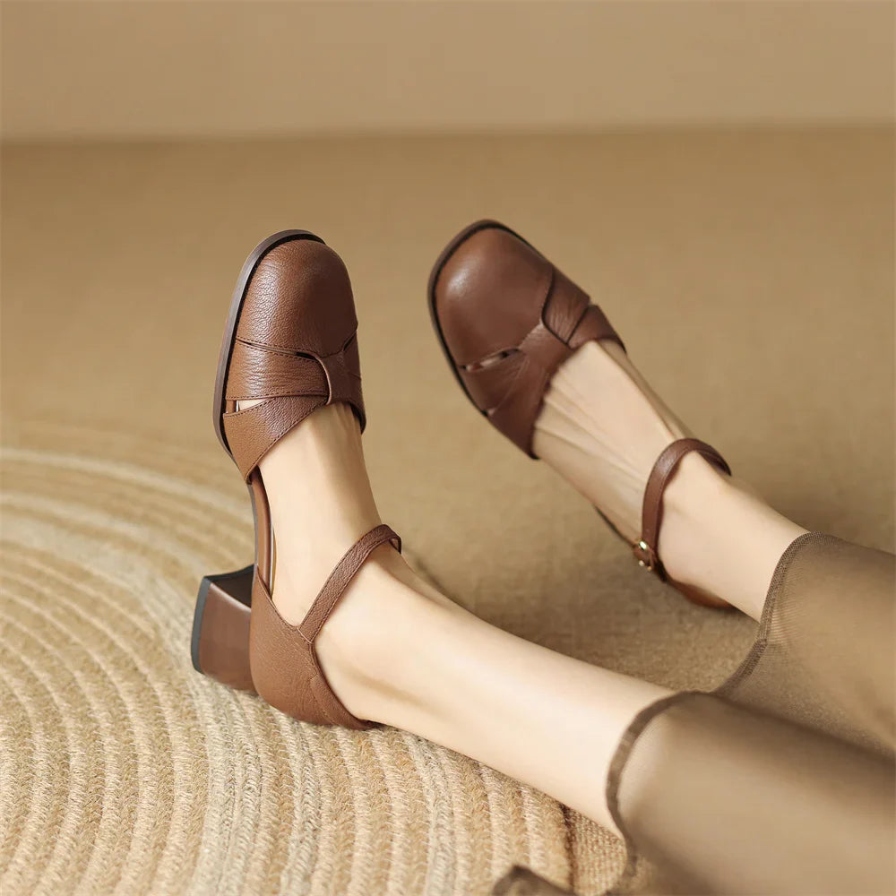 Anna-Berg | Black Braided Ankle-Strap Mid-Heel Leather Pumps