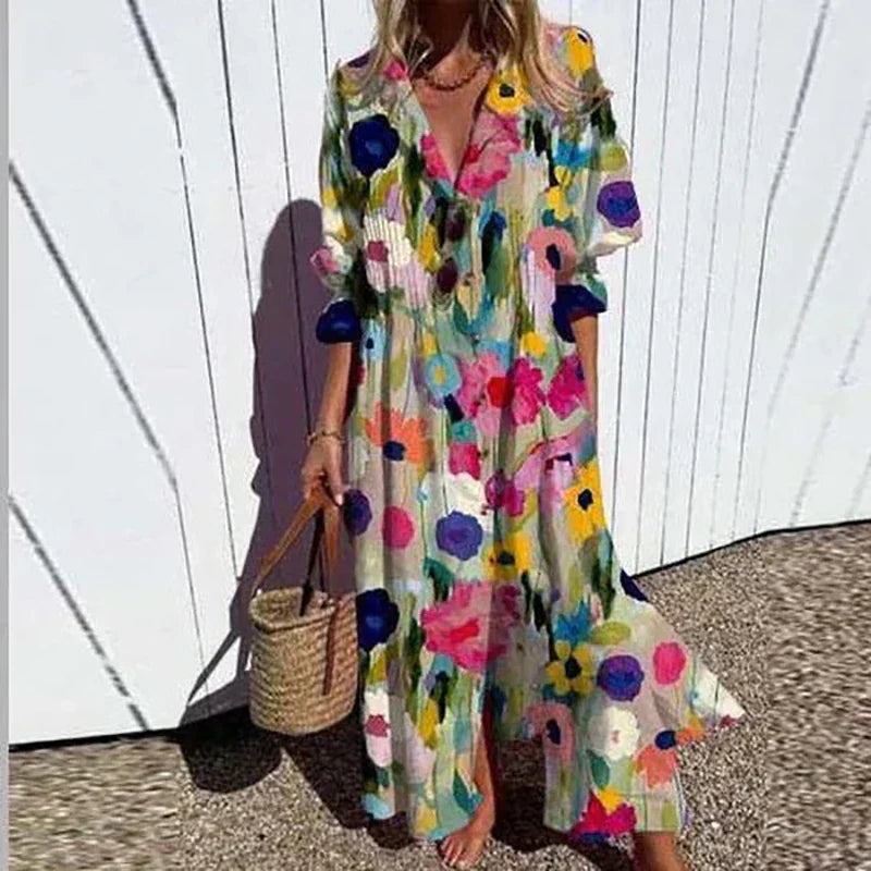 Anna-Berg | Boho Floral Long Sleeve Maxi Dress with Graceful Drape