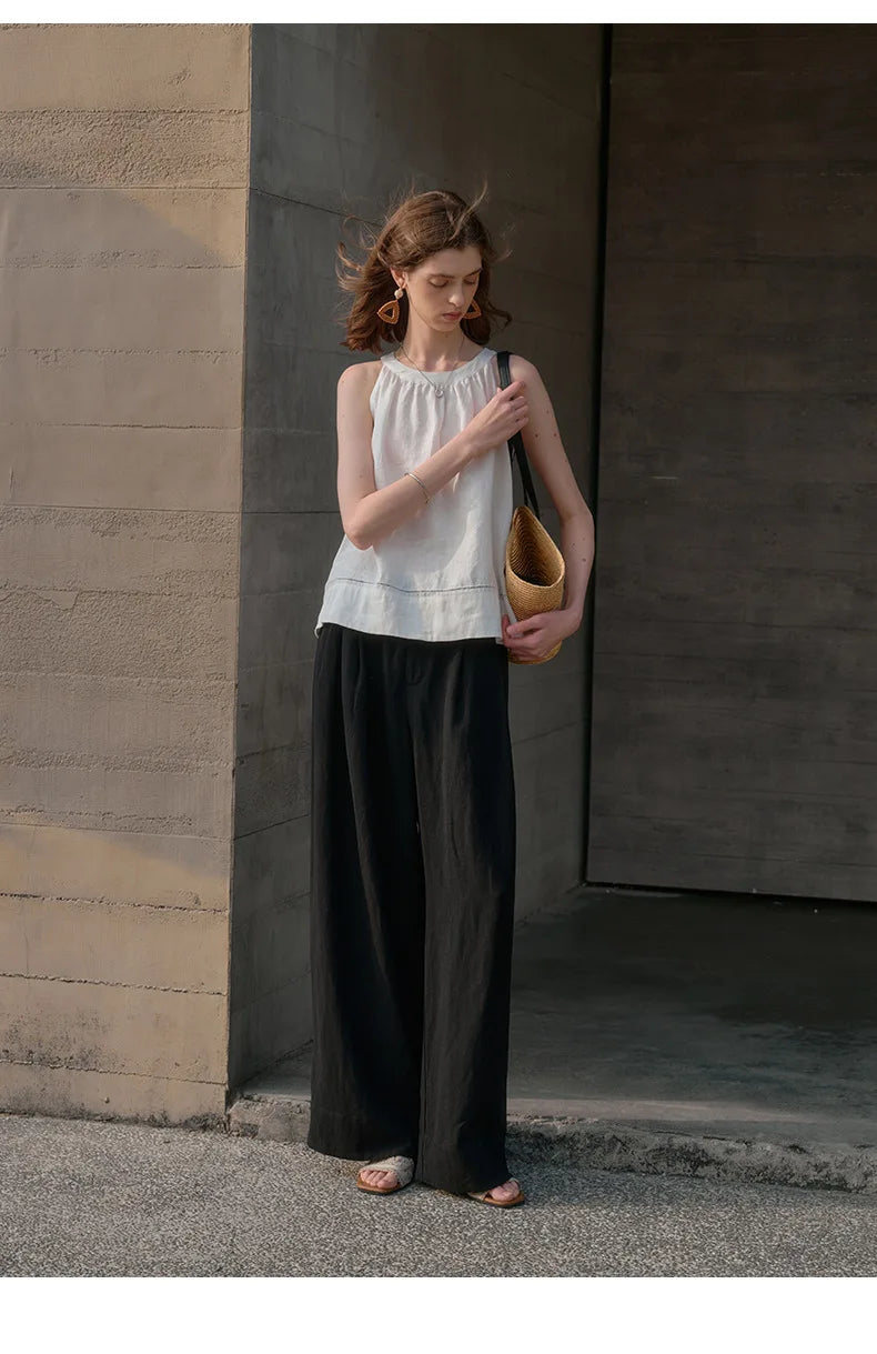Anna-Berg | Sand Pleated Wide-Leg Linen Pant