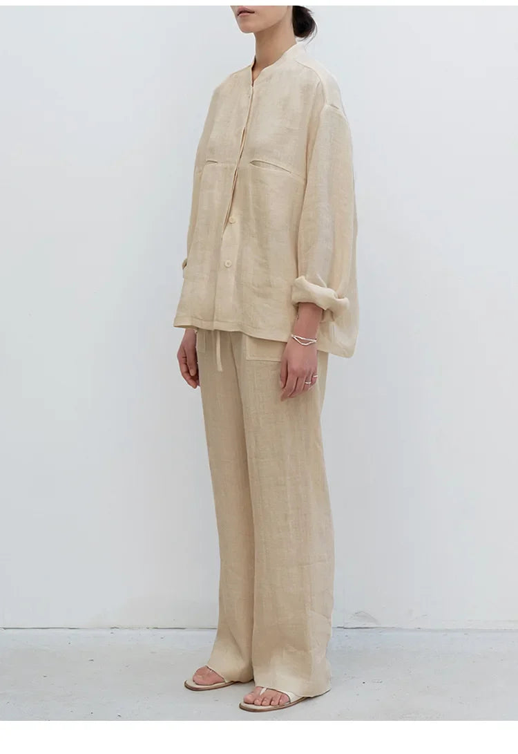Anna-Berg | Sand Drawstring Straight-Leg Linen Pants