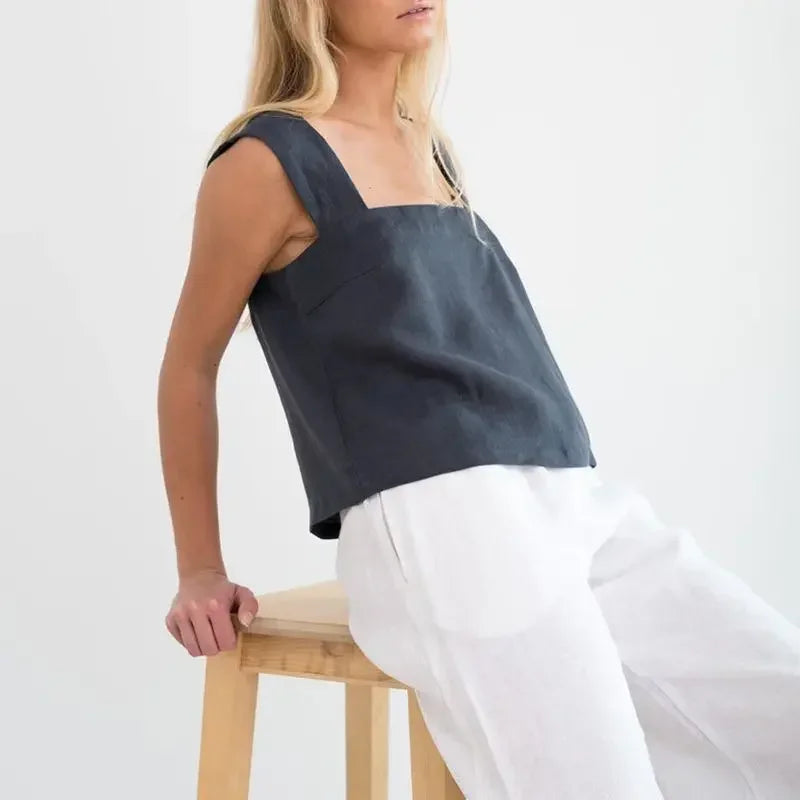 Anna-Berg | Natural Square-Neck Cropped Linen Tank