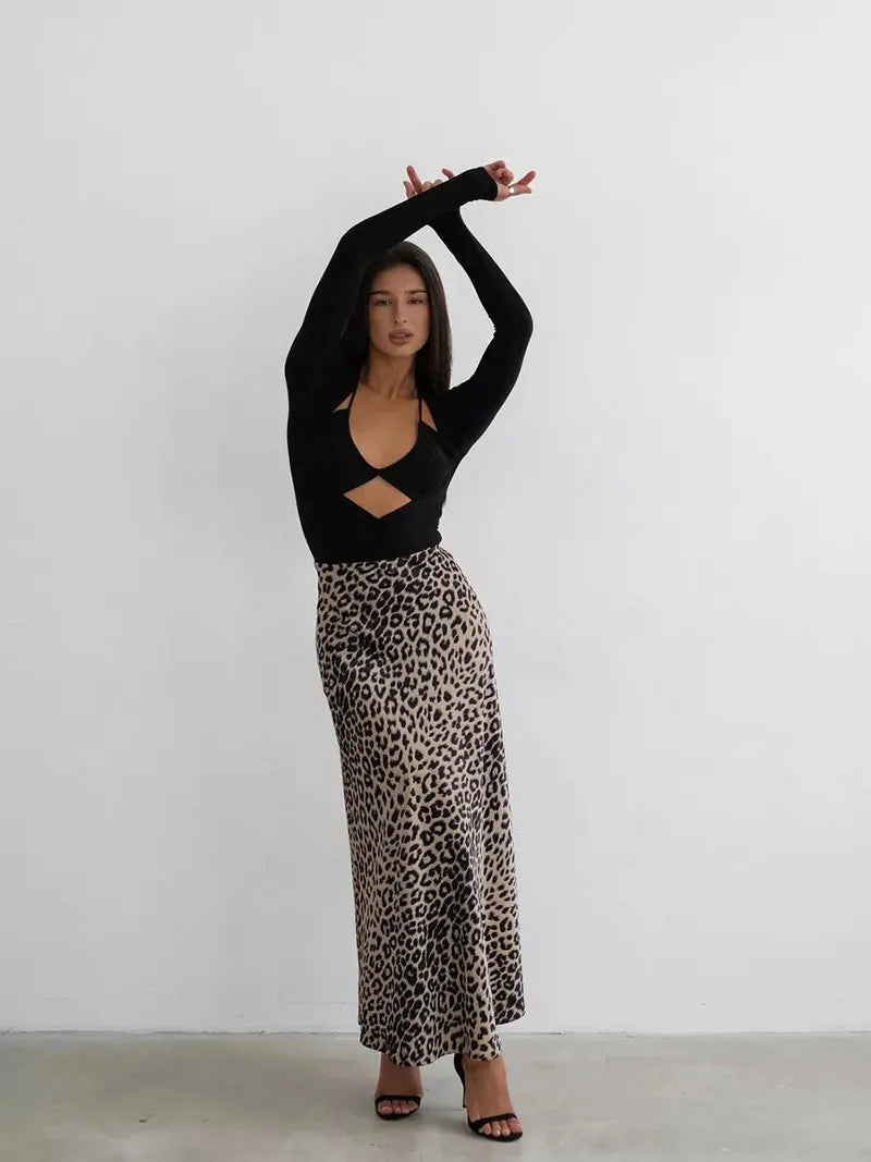 Anna-Berg | Brown Leopard-Print Satin Midi Skirt