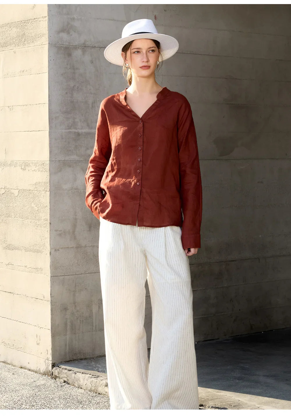 Anna-Berg | Collarless V-Neck Linen Shirt