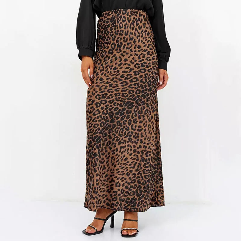 Anna-Berg | Brown Leopard-Print Satin Midi Skirt