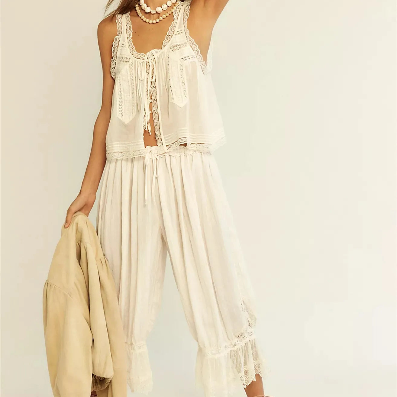 Anna-Berg | Ivory Cropped & High-Waist Lace Two-Piece Set