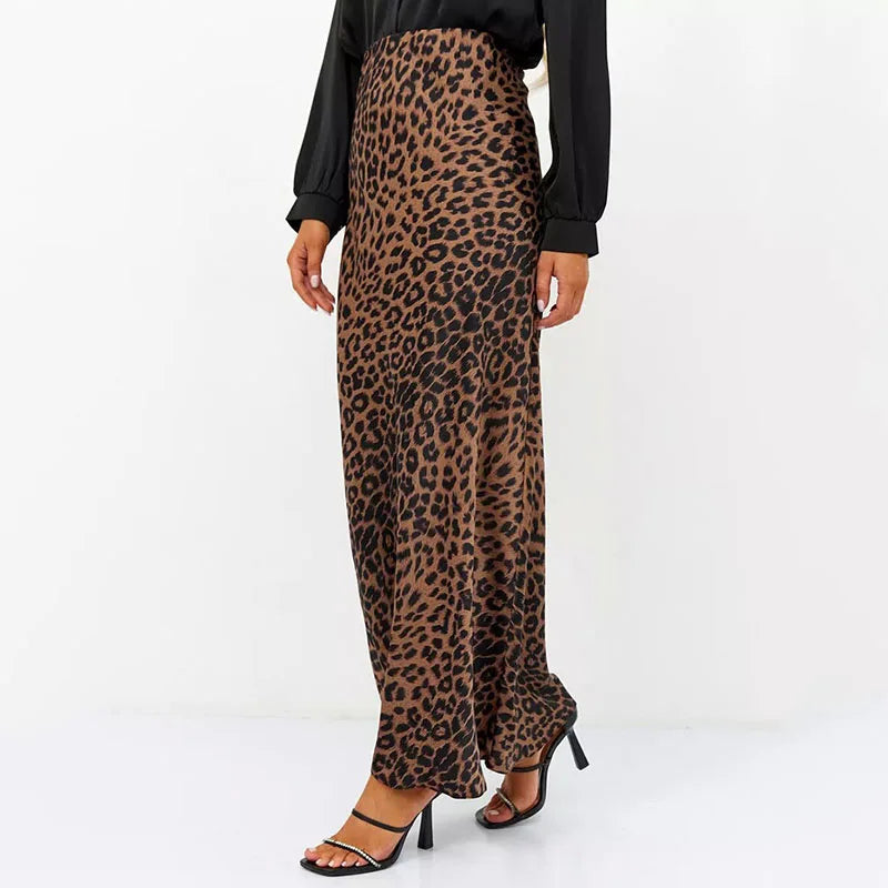 Anna-Berg | Brown Leopard-Print Satin Midi Skirt