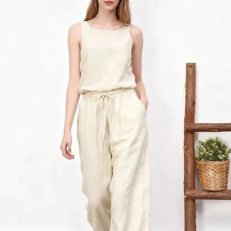 Anna-Berg | Natural Drawstring Waist Relaxed Fit Linen Pant
