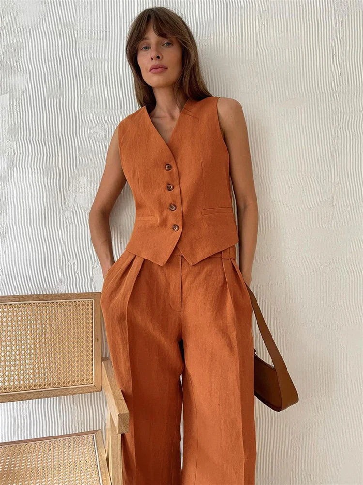 Anna-Berg | Natural Relaxed-Fit Belted Linen Trouser Set