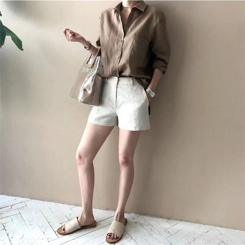 Anna-Berg | Natural Relaxed Fit Open Collar Linen Shirt