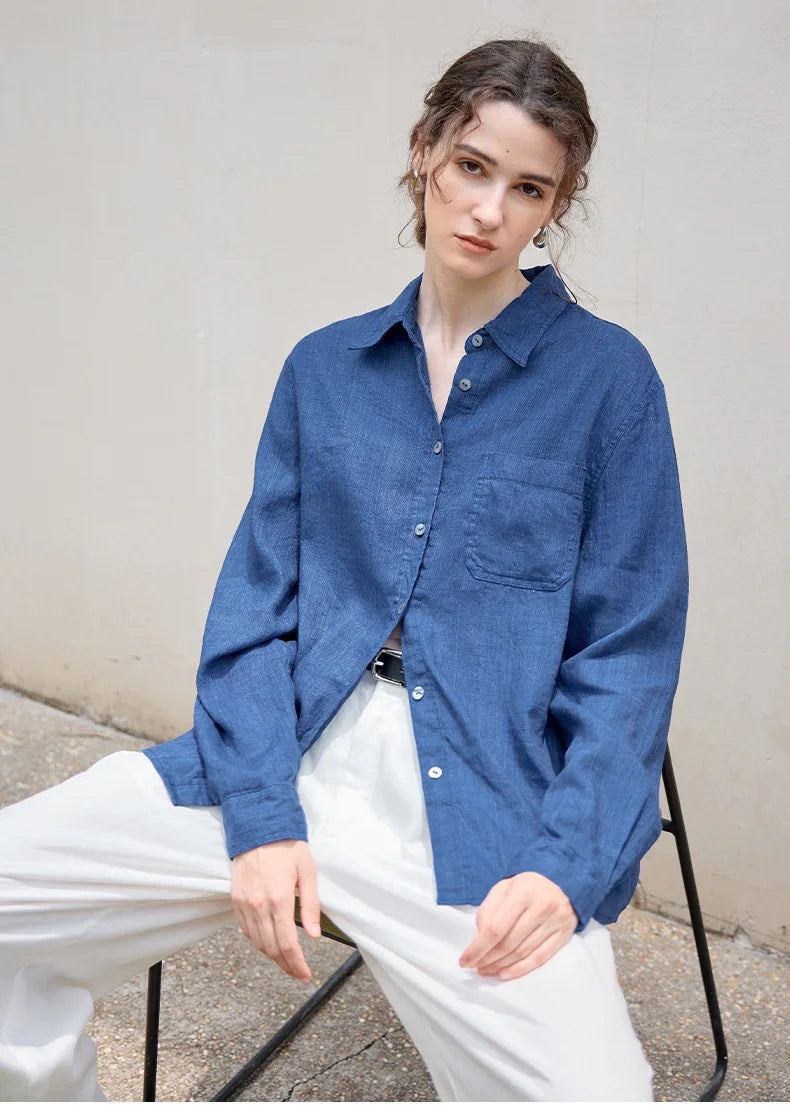 Anna-Berg | Indigo Relaxed Fit Button-Up Linen Shirt