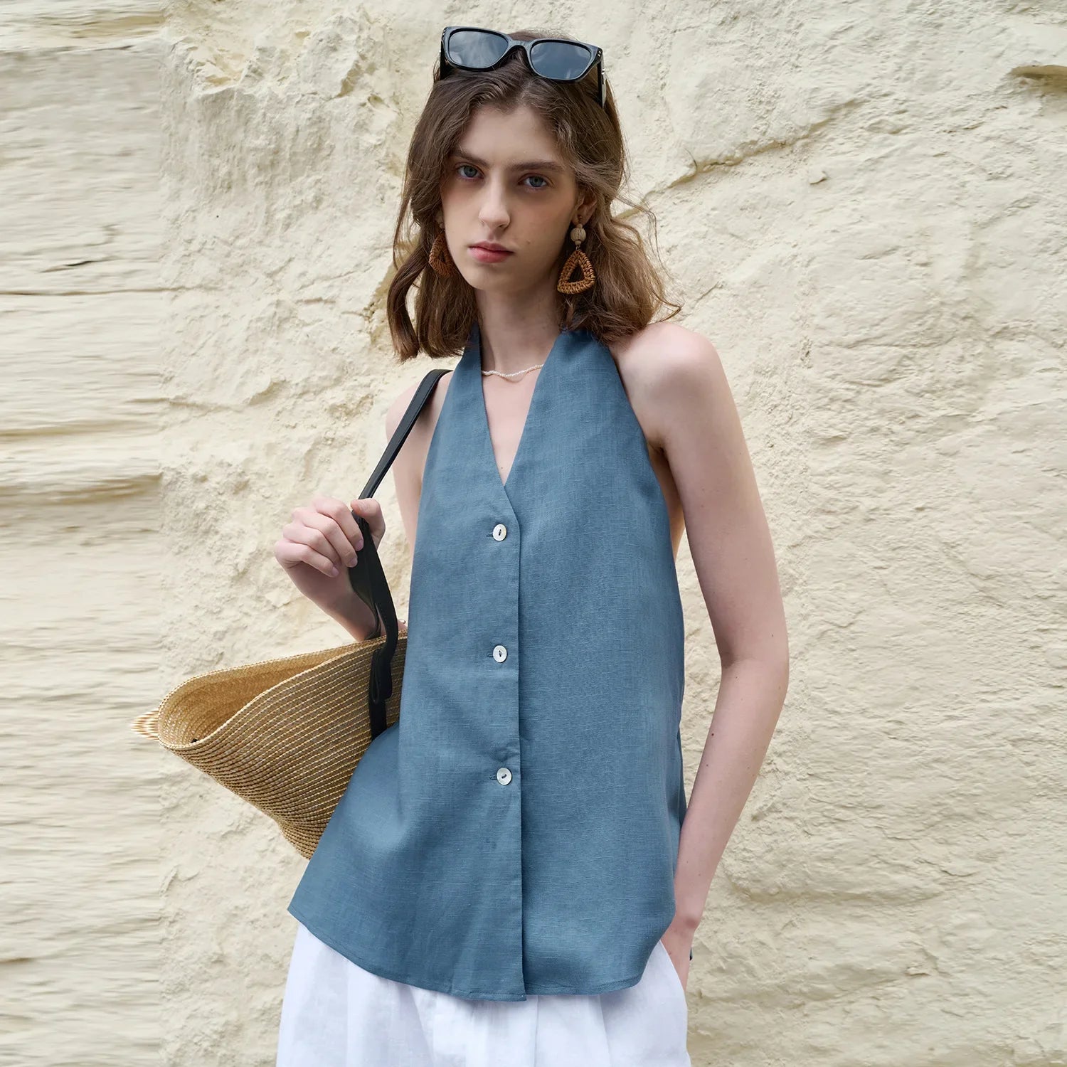 Anna-Berg | Natural Halter Linen Waistcoat Top