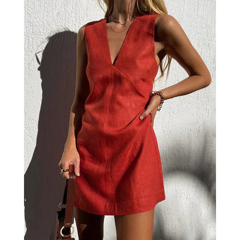 Anna-Berg | V-Neck Sleeveless Linen Mini Dress