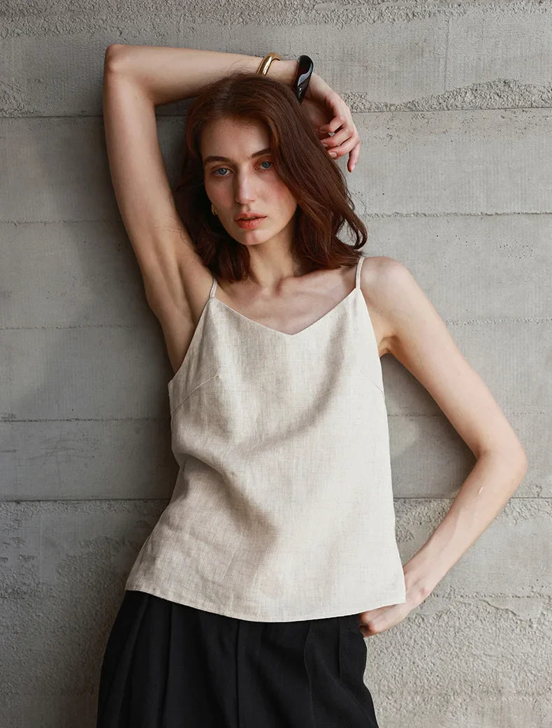 Anna-Berg | Natural Relaxed-Fit V-Neck Linen Camisole Top