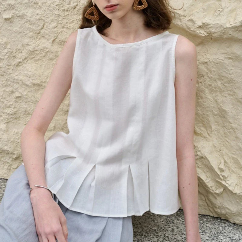 Anna-Berg | Natural Pleated Hem Linen Top