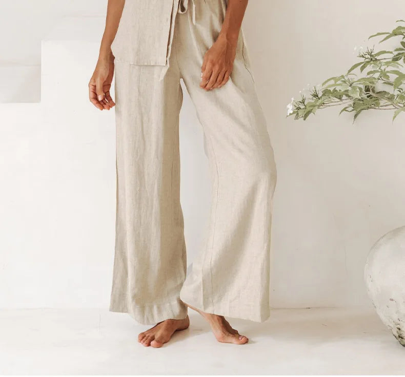Anna-Berg | Ruffle-Waist Wide-Leg Linen Pant