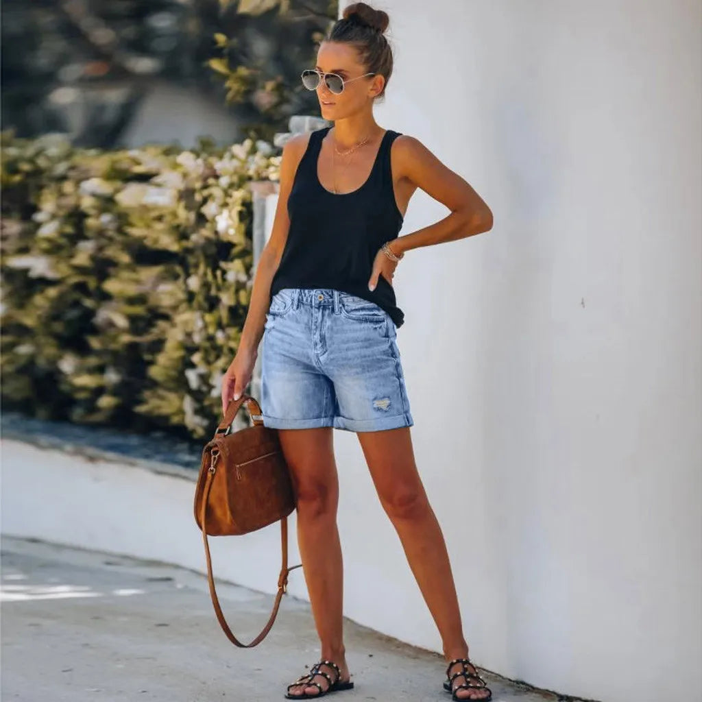 Anna-Berg | Chic High Waist Denim Shorts Distressed Rolled Hem