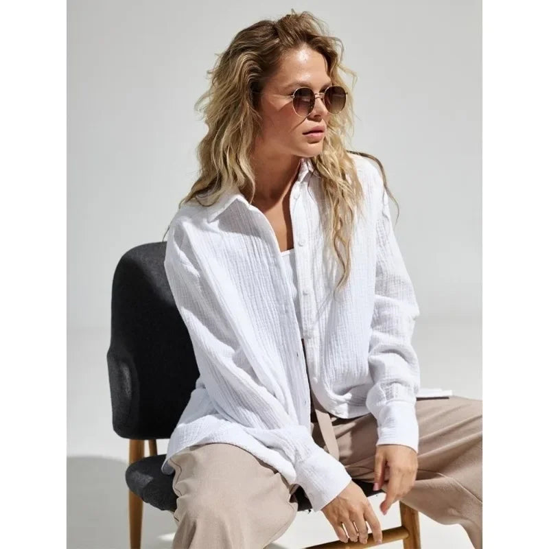 Anna-Berg | White Short-Sleeve Button-Up Cotton Shirt