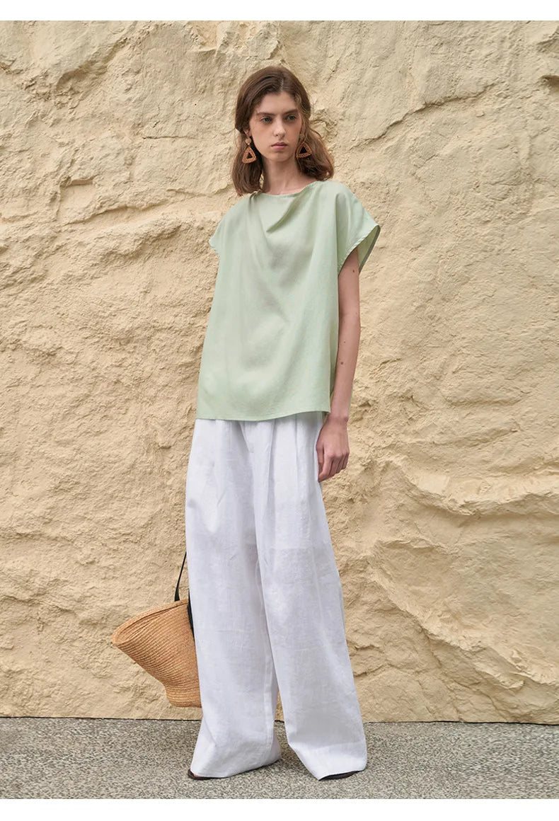 Anna-Berg | Sand Pleated Wide-Leg Linen Pant