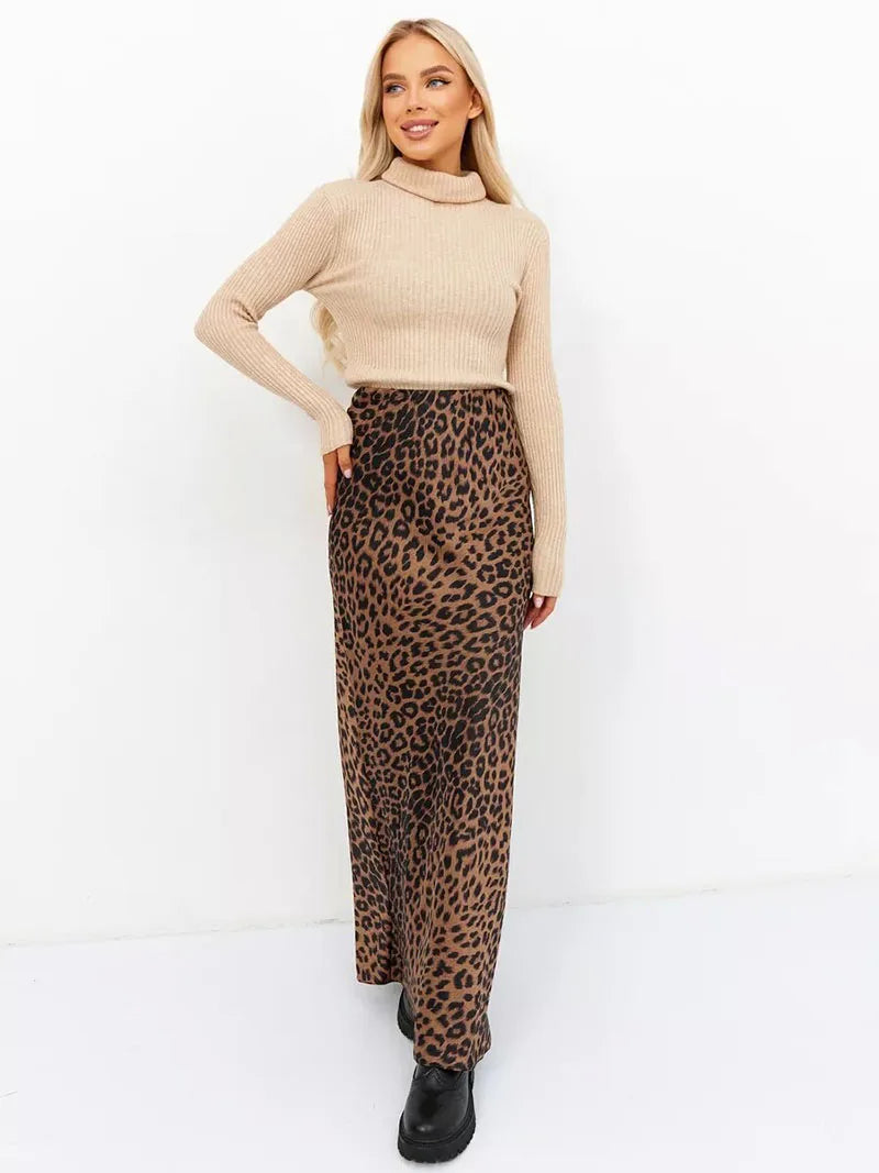 Anna-Berg | Brown Leopard-Print Satin Midi Skirt