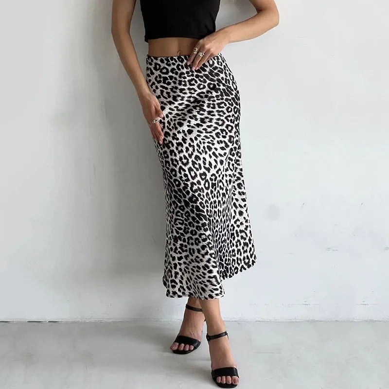 Anna-Berg | Brown Leopard-Print Satin Midi Skirt