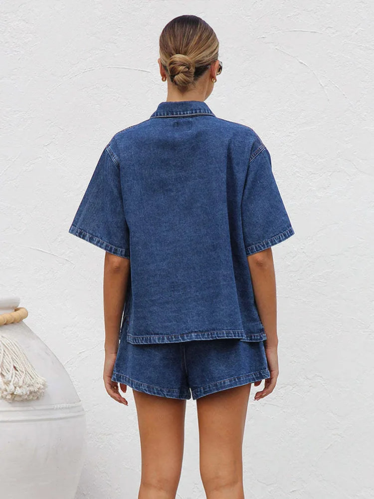 Anna-Berg | Blue Cropped Jacket High-Waist Jeans Denim 2-Piece Set