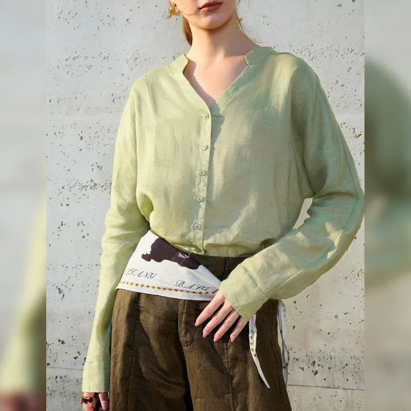 Anna-Berg | Collarless V-Neck Linen Shirt