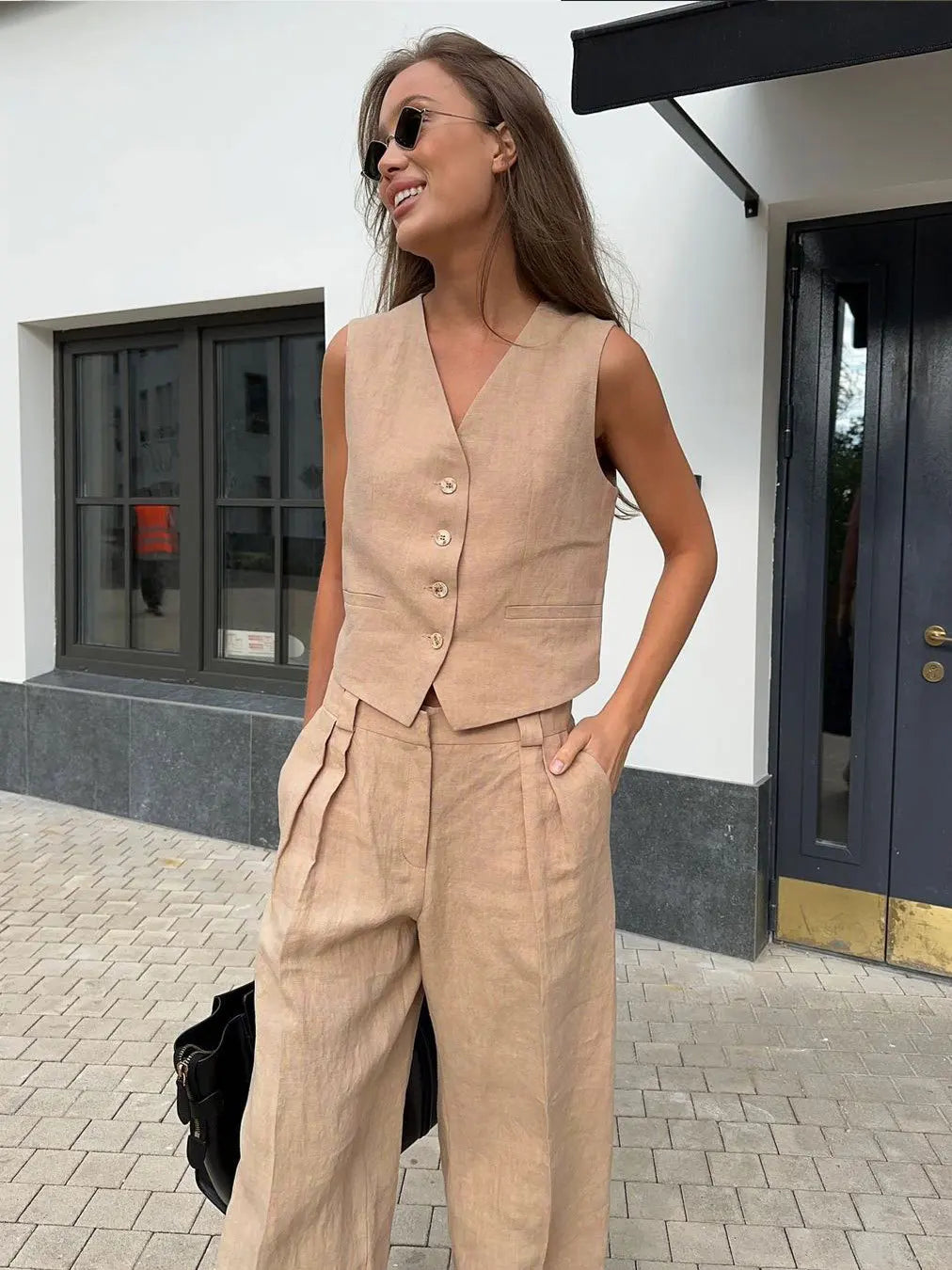 Anna-Berg | Natural Relaxed-Fit Belted Linen Trouser Set