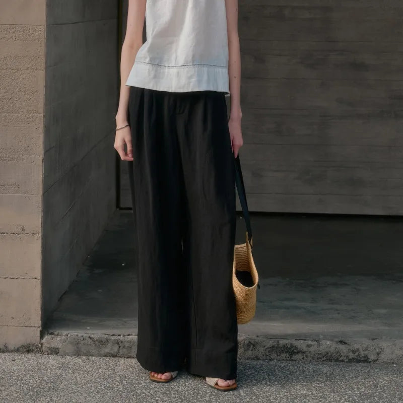 Anna-Berg | Sand Pleated Wide-Leg Linen Pant