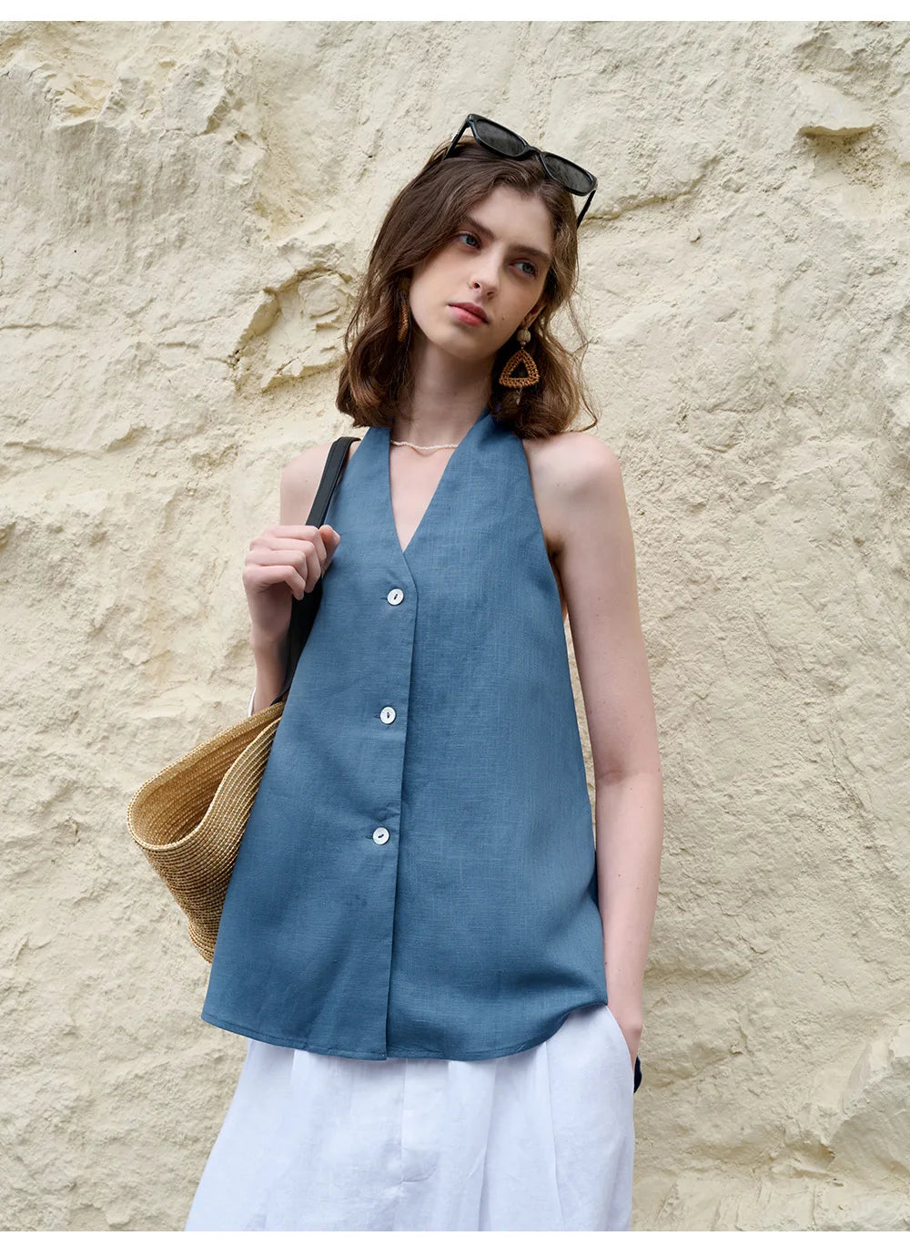 Anna-Berg | Natural Halter Linen Waistcoat Top