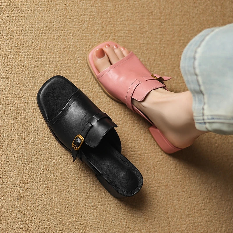Anna-Berg | Black Adjustable Buckle Leather Slide