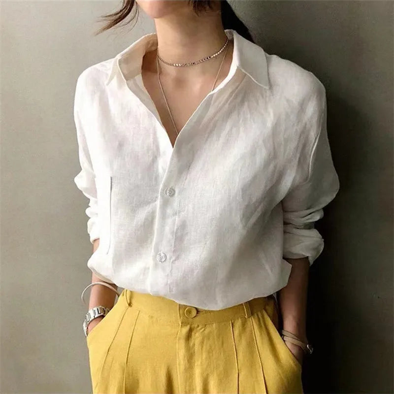 Anna-Berg | Natural Relaxed Fit Open Collar Linen Shirt