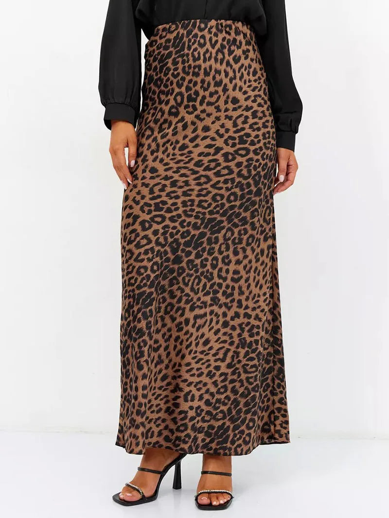 Anna-Berg | Brown Leopard-Print Satin Midi Skirt